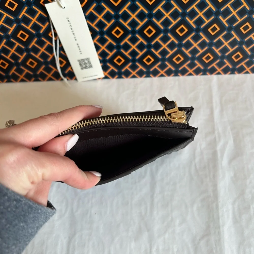 Tory Burch Britten Soft Zip Card Case Mini Wallet Dark Mahogany Gold Brown